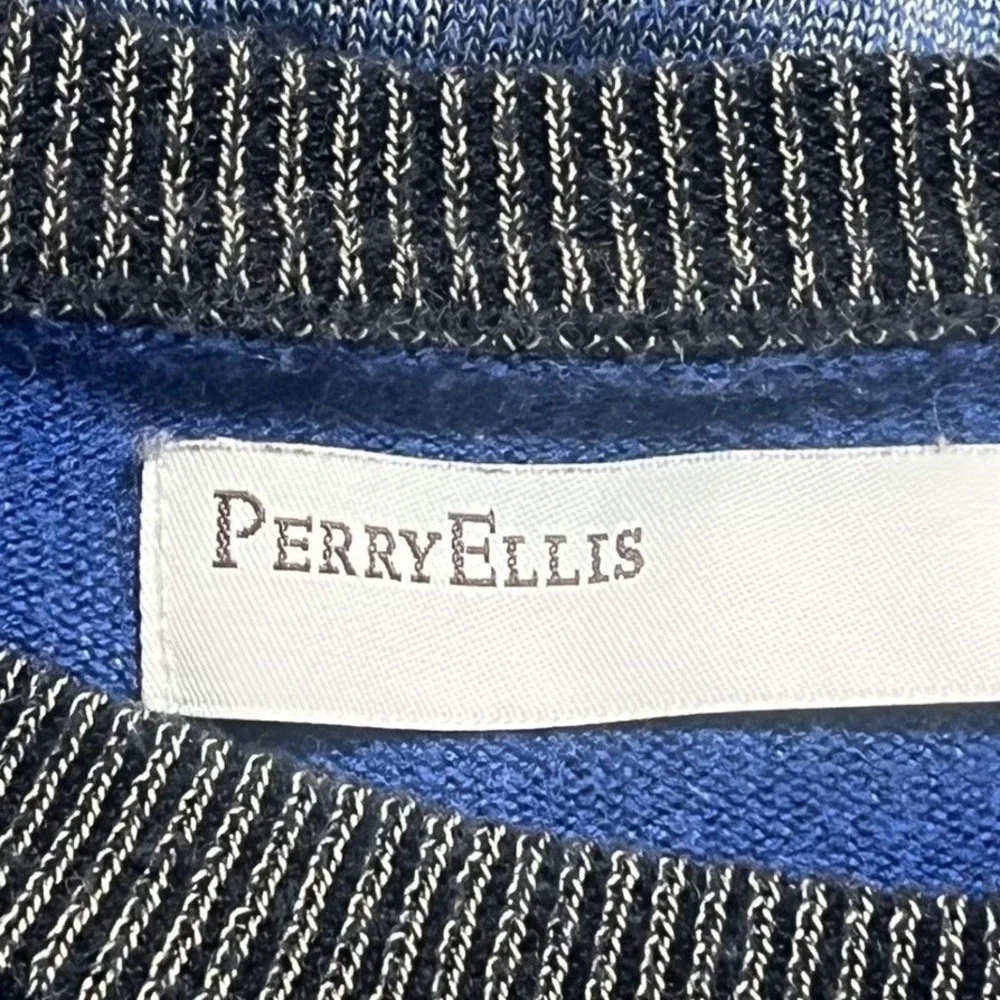 Perry‎ Ellis Blue Black Striped SILK WOOL Blend Preppy Sweater Large Men's Read